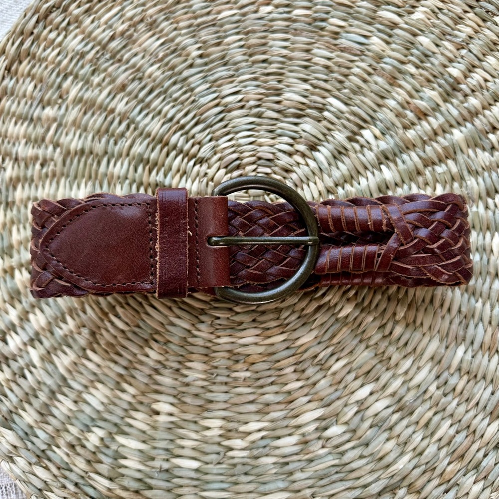 Gap Womens Brown Woven Leather Braided Belt Small Brass D-Ring Buckle Boho 40in